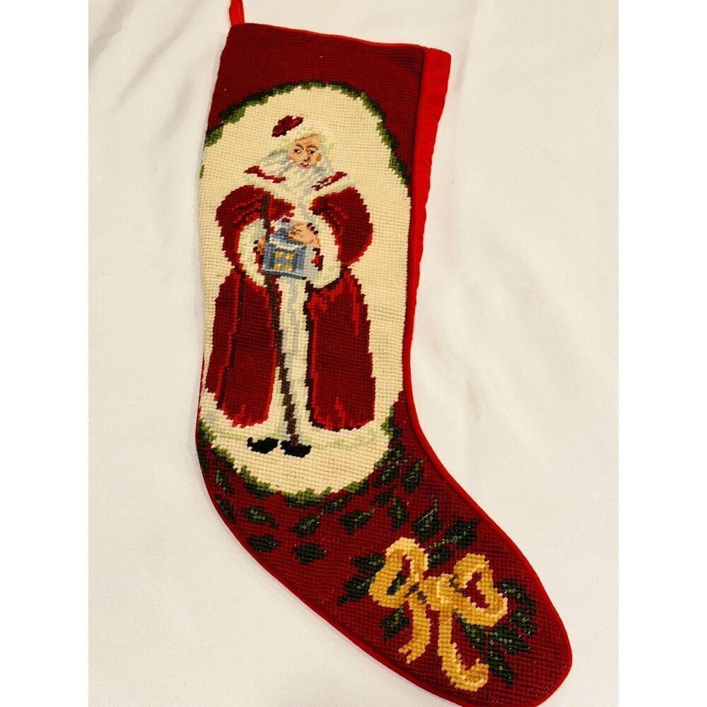 Vintage Needlepoint Christmas Stocking Santa Clause w/ Velvet Backing 18x6"